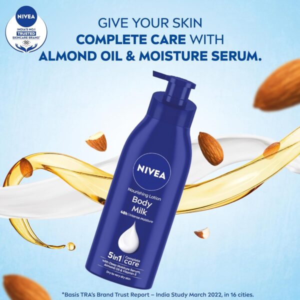 NIVEA Nourishing Body Milk 75ml Body Lotion | 48 H Moisturization | With 2X Almond Oil | Smooth and Healthy Looking Skin |For Very Dry Skin - Image 4